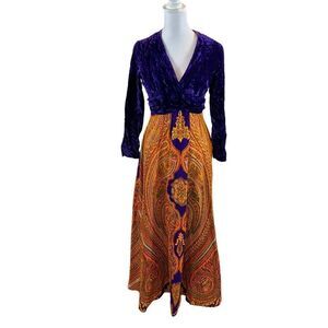 Vintage 1970’s Maxi Dress Empire Waist Purple Velvet and Orange Print Skirt‎ Sm